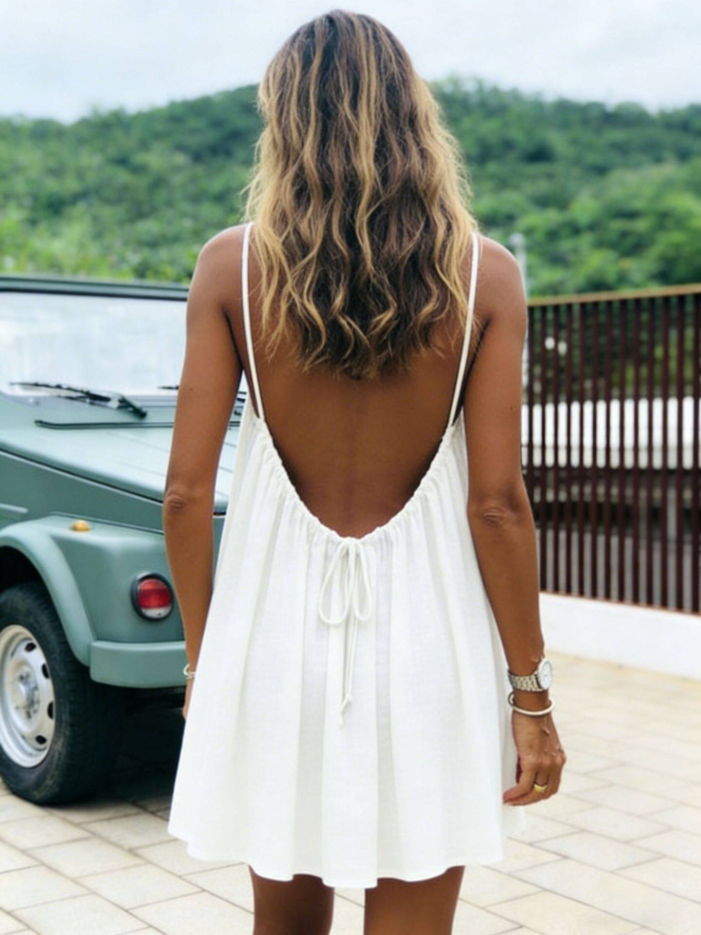 Ice Silk Wrinkled Solid Color Pleated Backless Suspender Beach Vacation Skirt