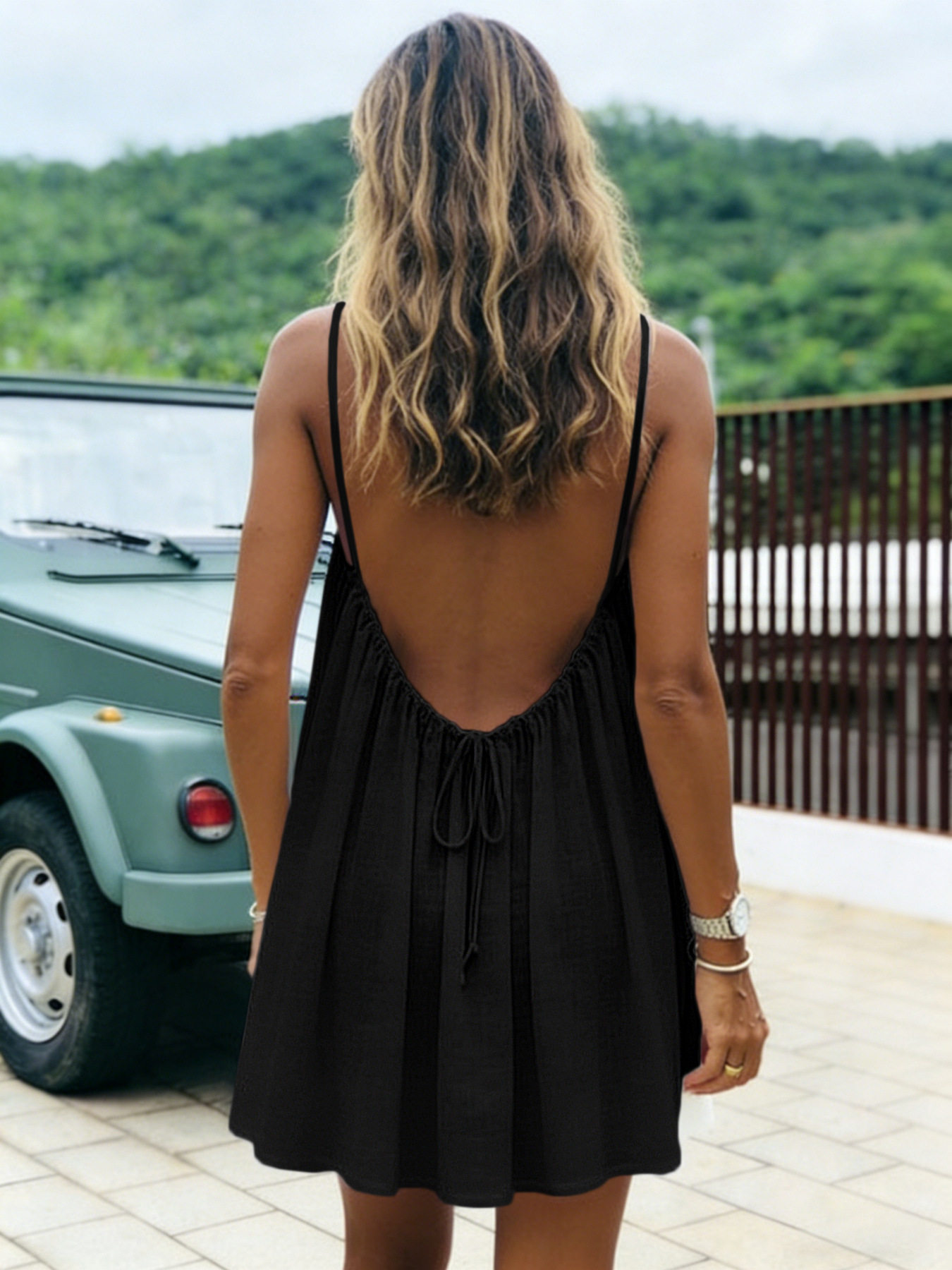 Ice Silk Wrinkled Solid Color Pleated Backless Suspender Beach Vacation Skirt
