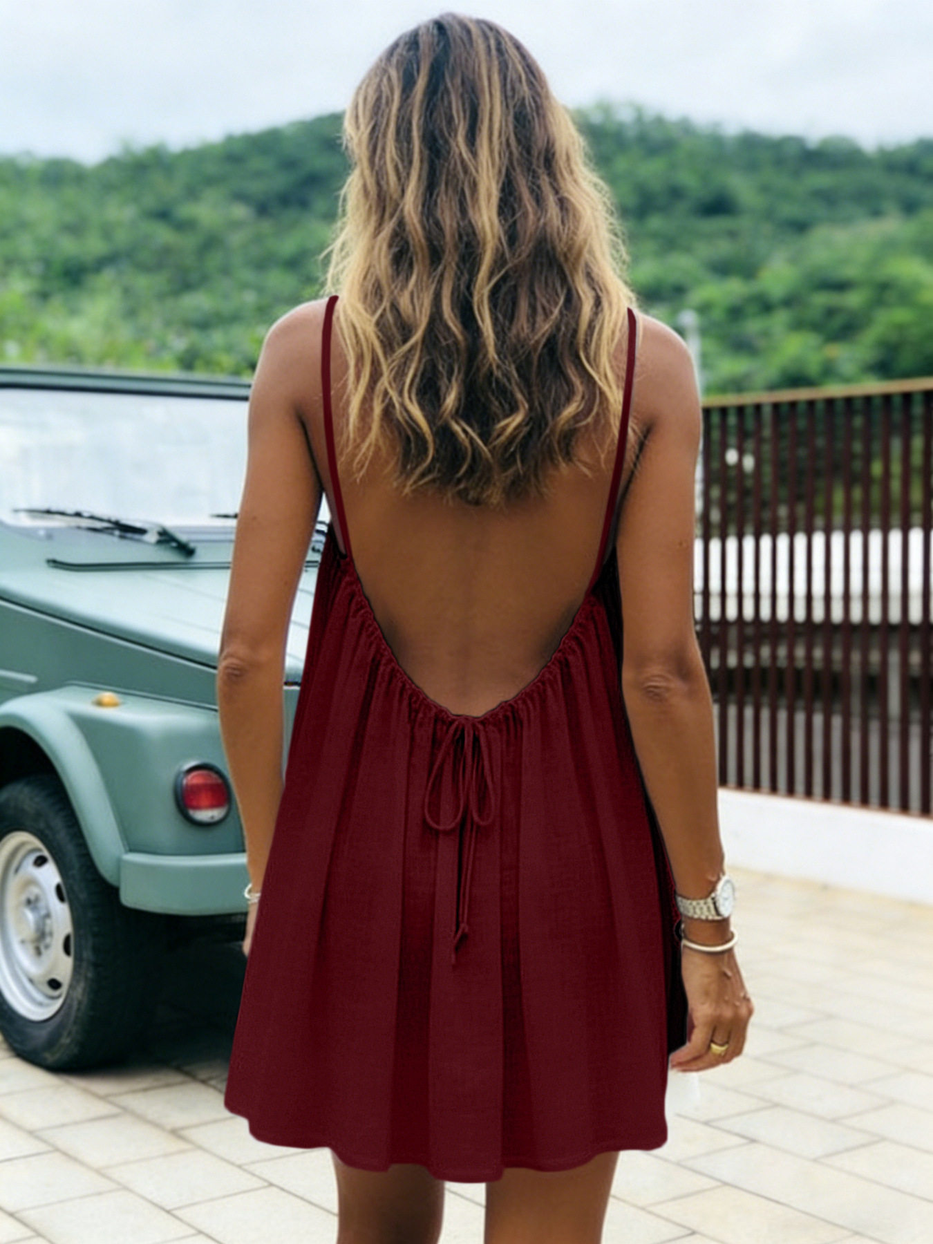 Ice Silk Wrinkled Solid Color Pleated Backless Suspender Beach Vacation Skirt