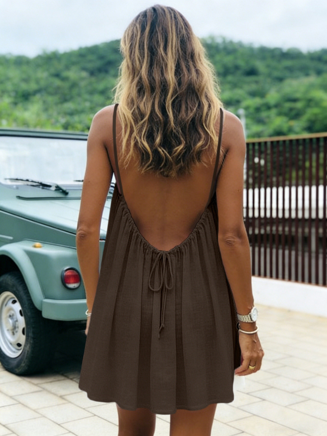 Ice Silk Wrinkled Solid Color Pleated Backless Suspender Beach Vacation Skirt
