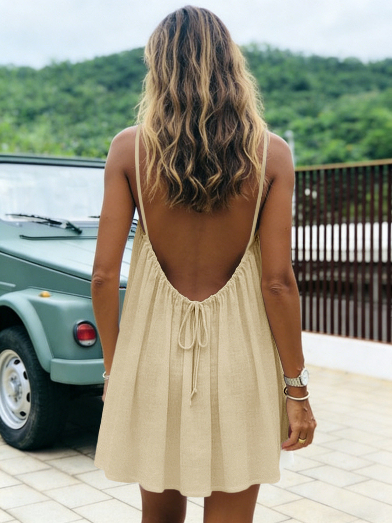 Ice Silk Wrinkled Solid Color Pleated Backless Suspender Beach Vacation Skirt