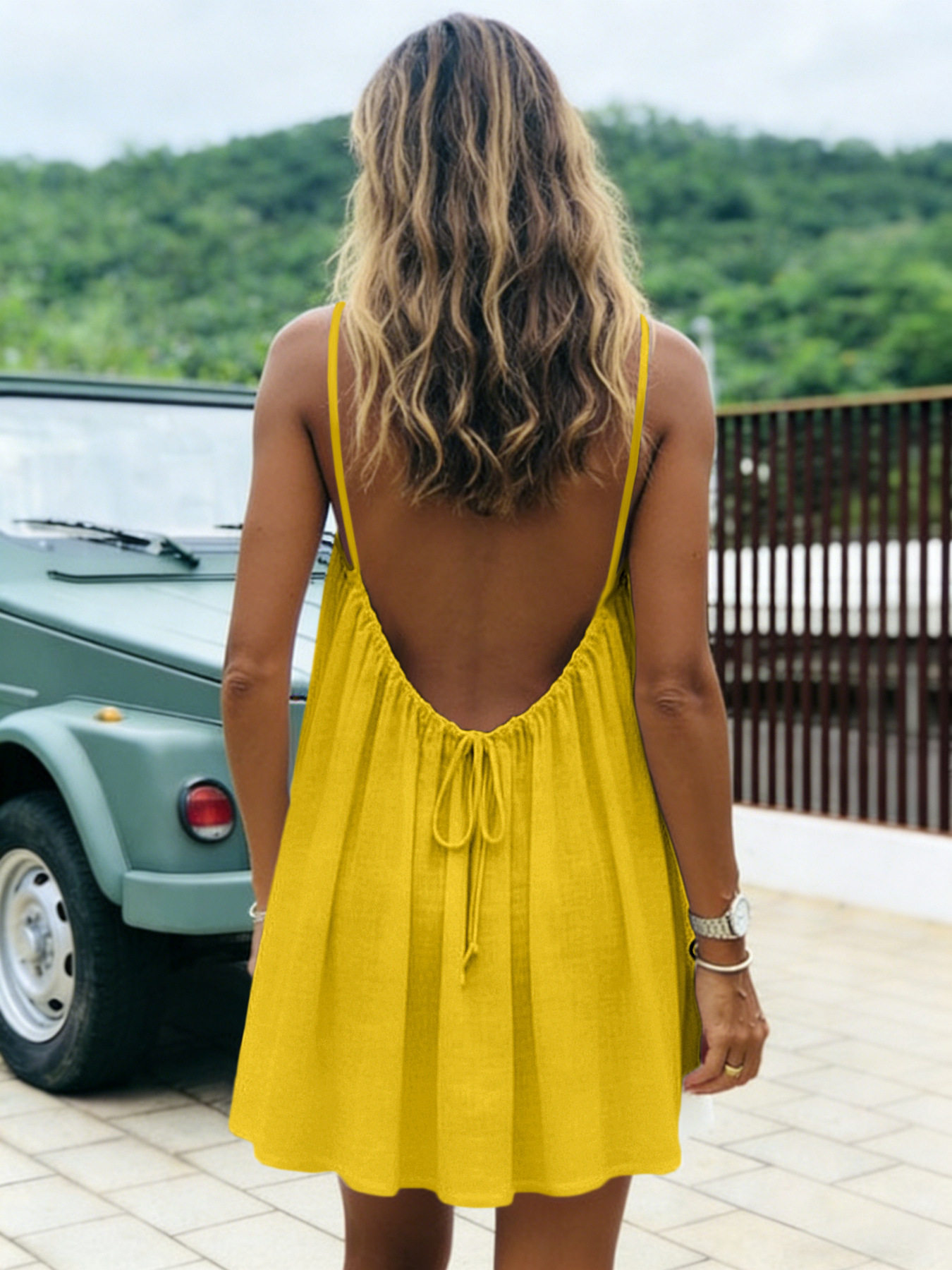 Ice Silk Wrinkled Solid Color Pleated Backless Suspender Beach Vacation Skirt