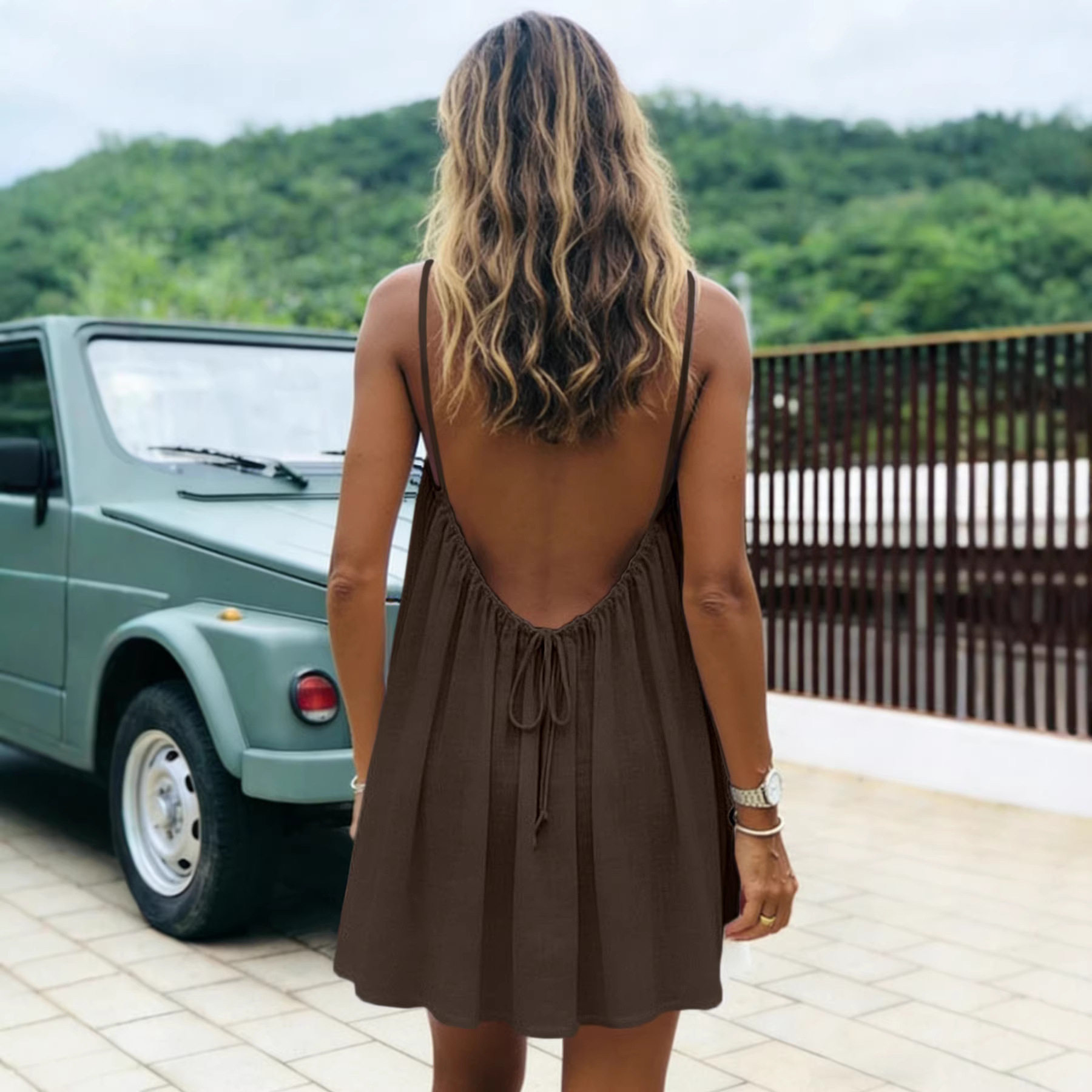 Ice Silk Wrinkled Solid Color Pleated Backless Suspender Beach Vacation Skirt