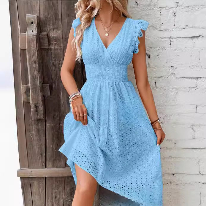 Summer New Lotus Leaf Sleeve V Neck Slim Elegant Plus Size Dress