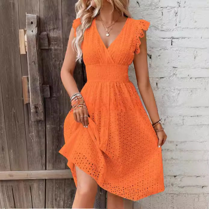 Summer New Lotus Leaf Sleeve V Neck Slim Elegant Plus Size Dress