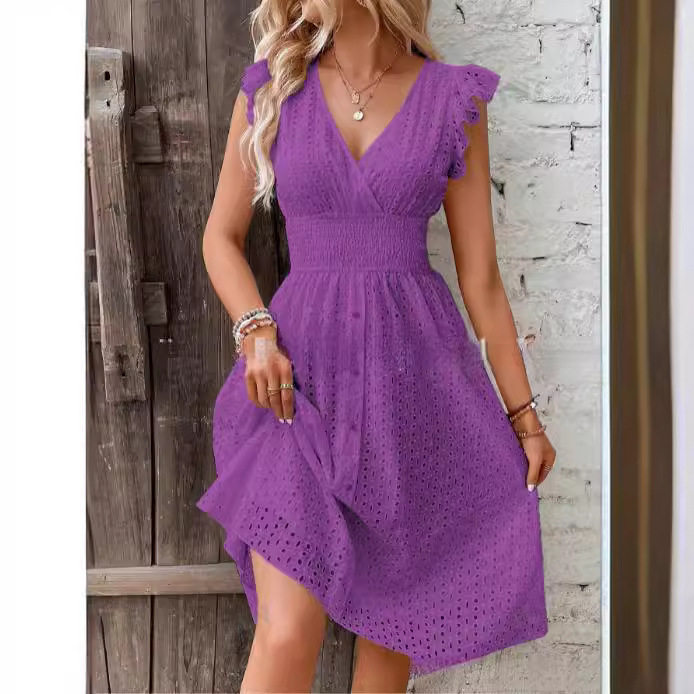 Summer New Lotus Leaf Sleeve V Neck Slim Elegant Plus Size Dress