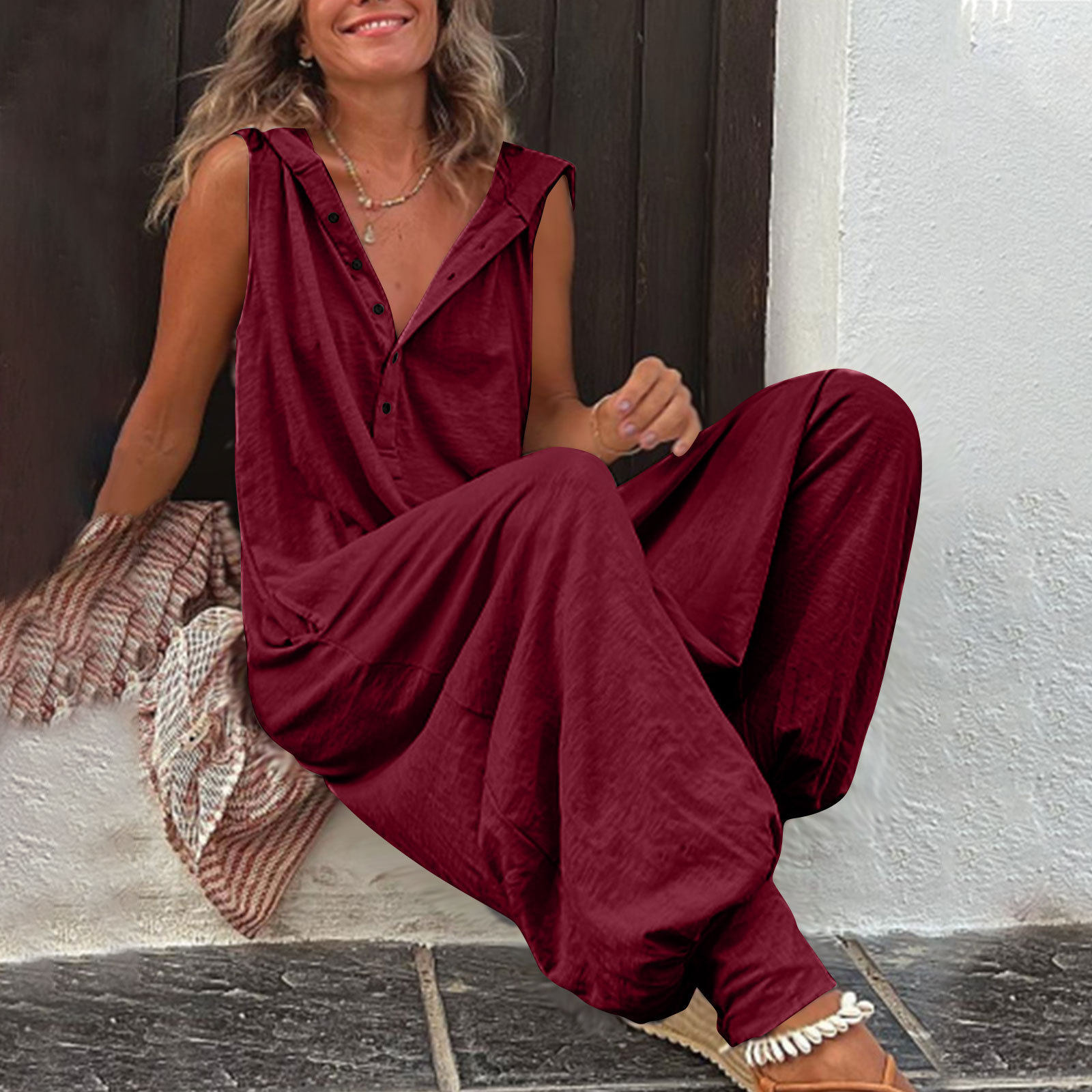 Hooded Sleeveless Button Jumpsuit Baggy Style