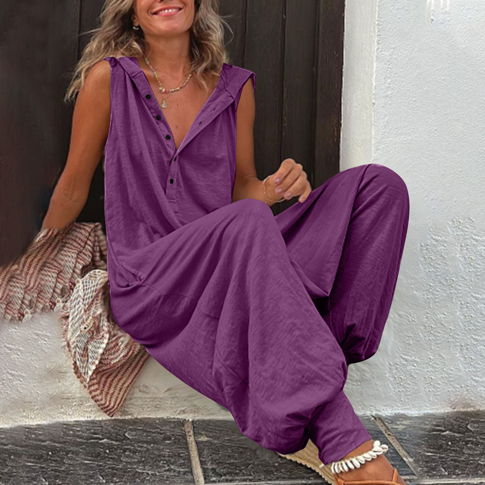 Hooded Sleeveless Button Jumpsuit Baggy Style
