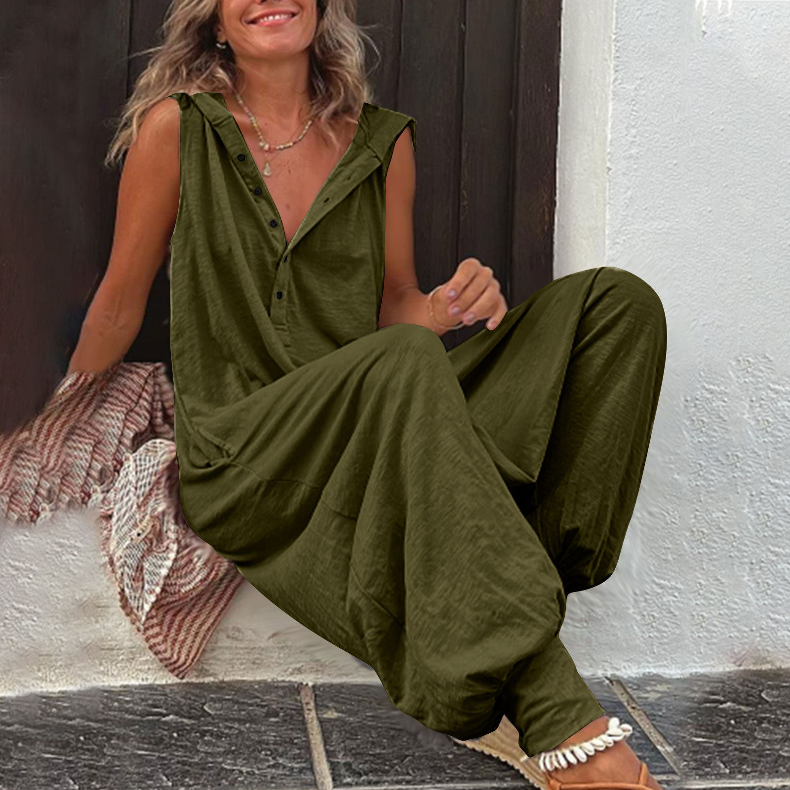 Hooded Sleeveless Button Jumpsuit Baggy Style