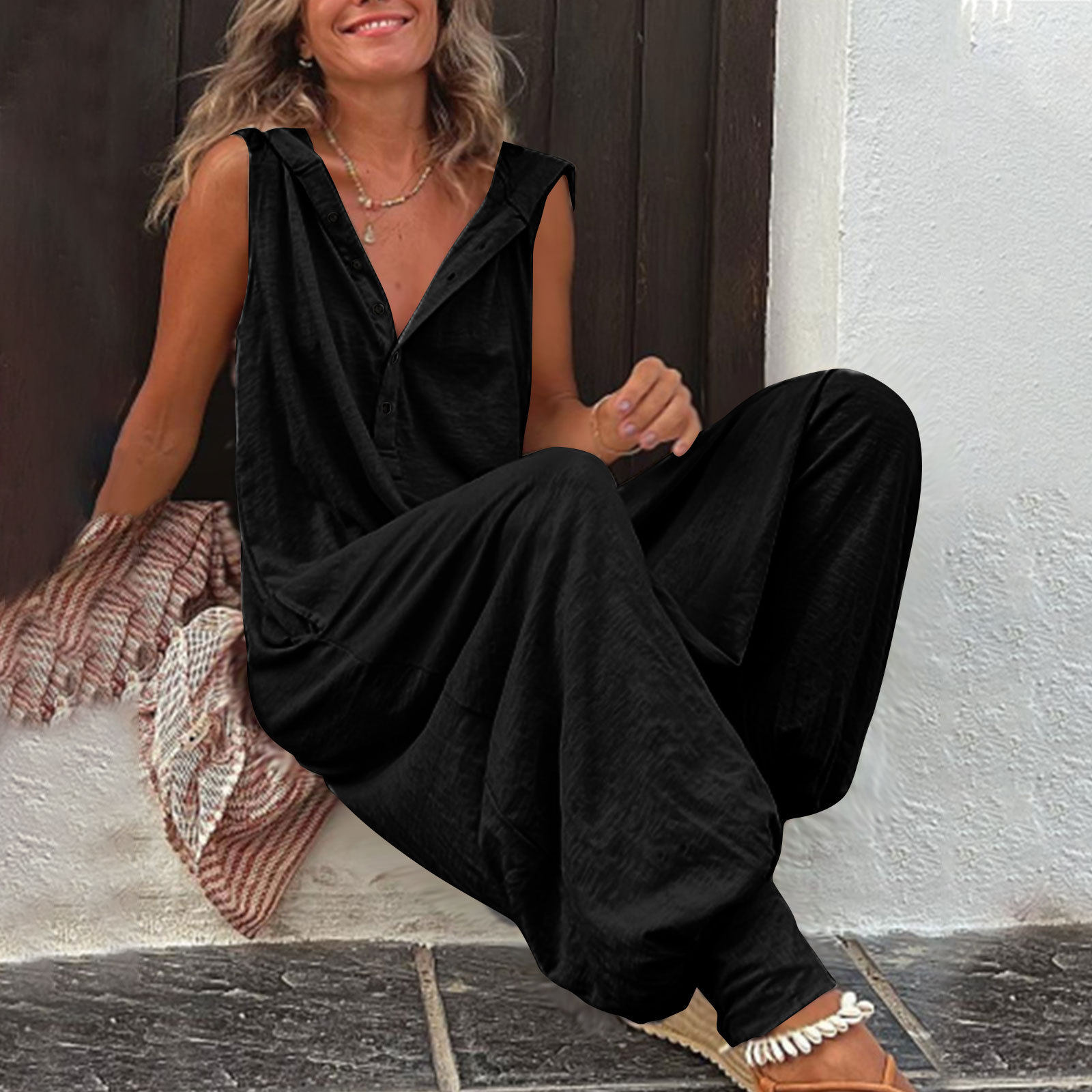Hooded Sleeveless Button Jumpsuit Baggy Style
