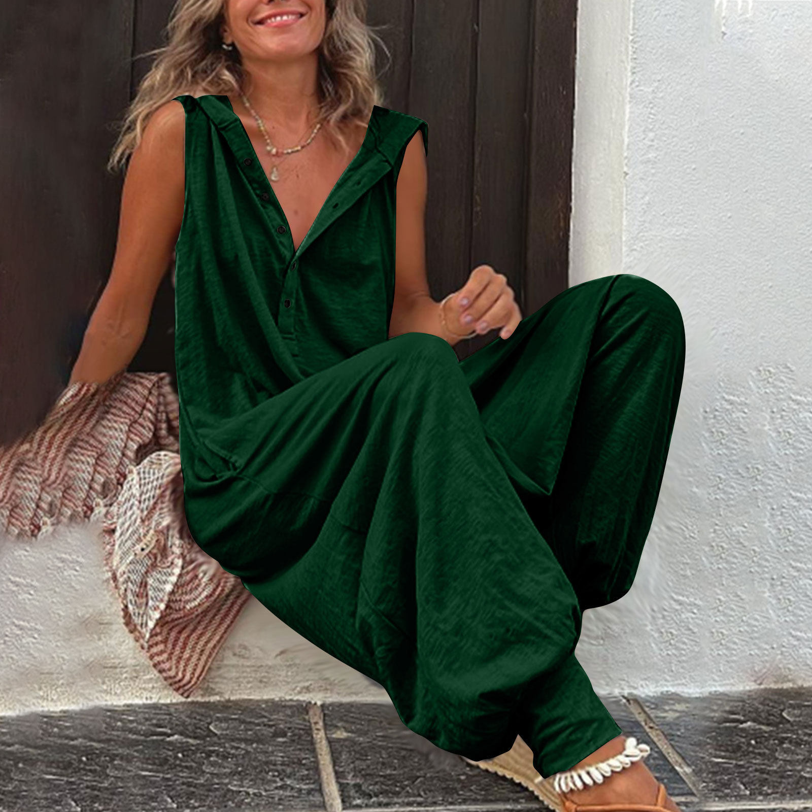 Hooded Sleeveless Button Jumpsuit Baggy Style