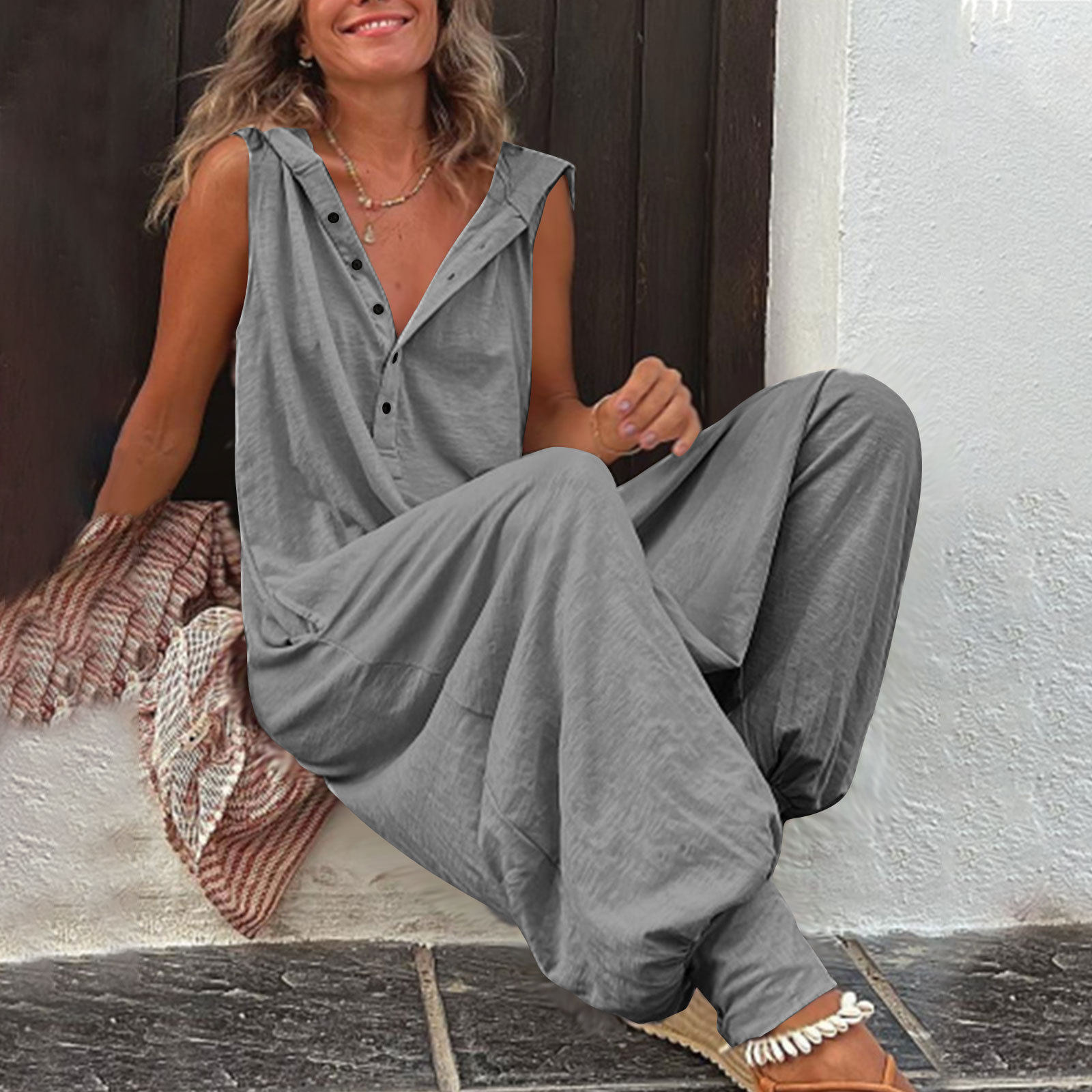 Hooded Sleeveless Button Jumpsuit Baggy Style