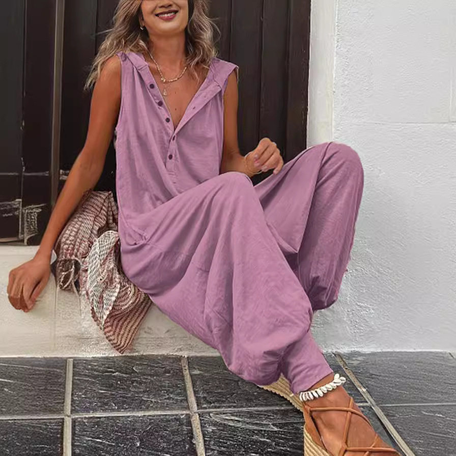 Hooded Sleeveless Button Jumpsuit Baggy Style