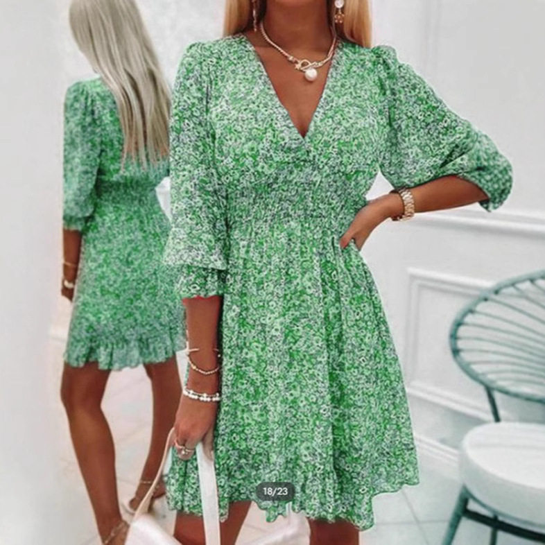New Style Women's Bohemian Floral Print Short Sleeve Midi Dress with Waist Pullover
