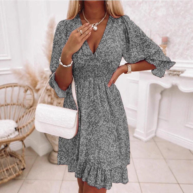 New Style Women's Bohemian Floral Print Short Sleeve Midi Dress with Waist Pullover