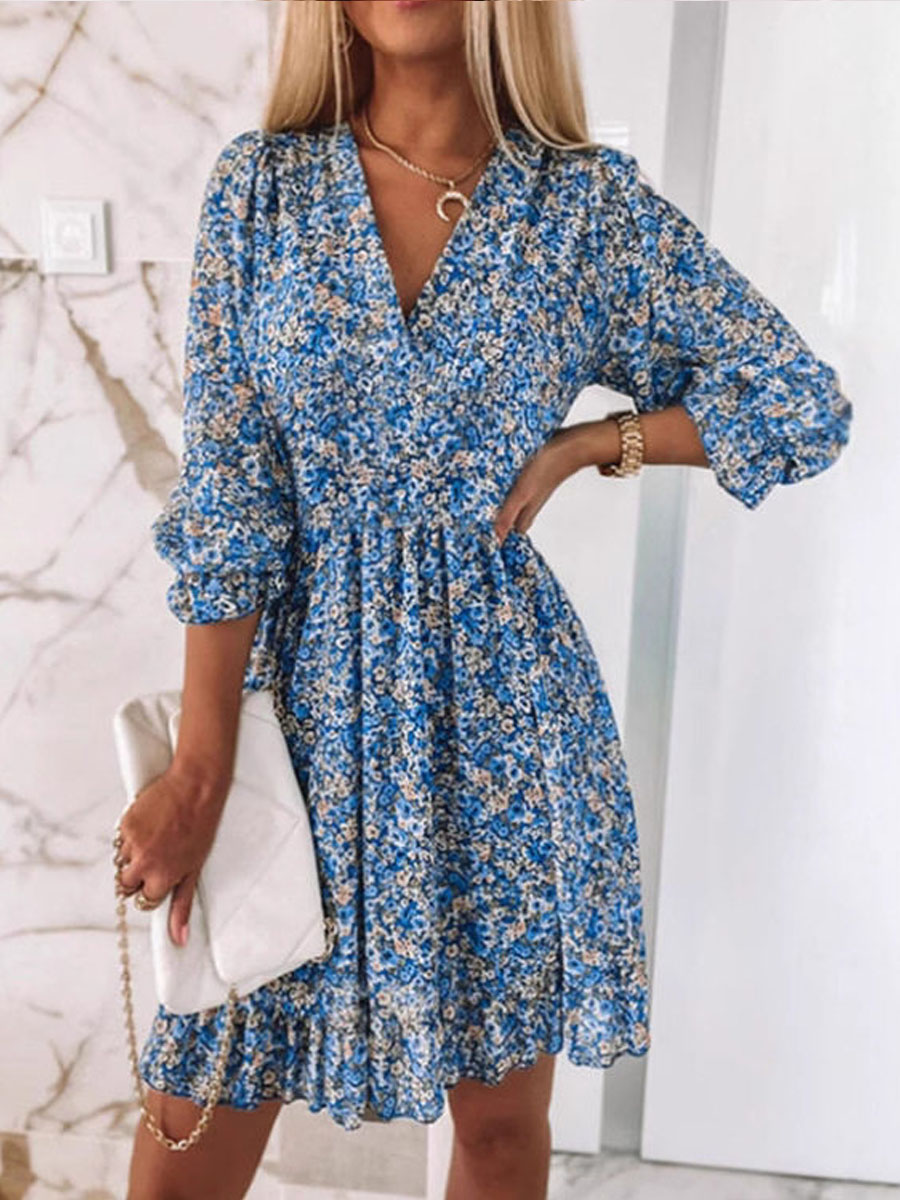 New Style Women's Bohemian Floral Print Short Sleeve Midi Dress with Waist Pullover