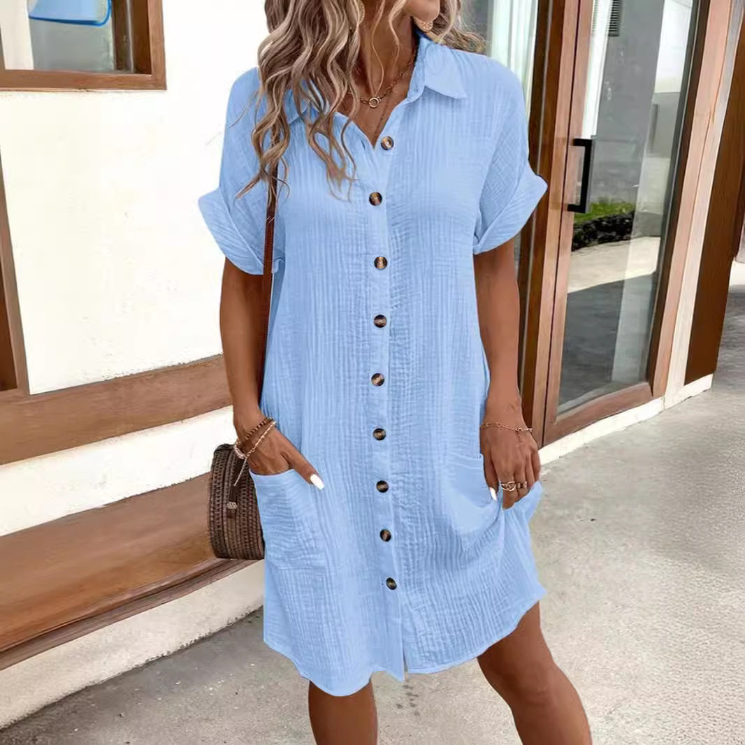 Summer Simple Large V-neck Button Dress For Women