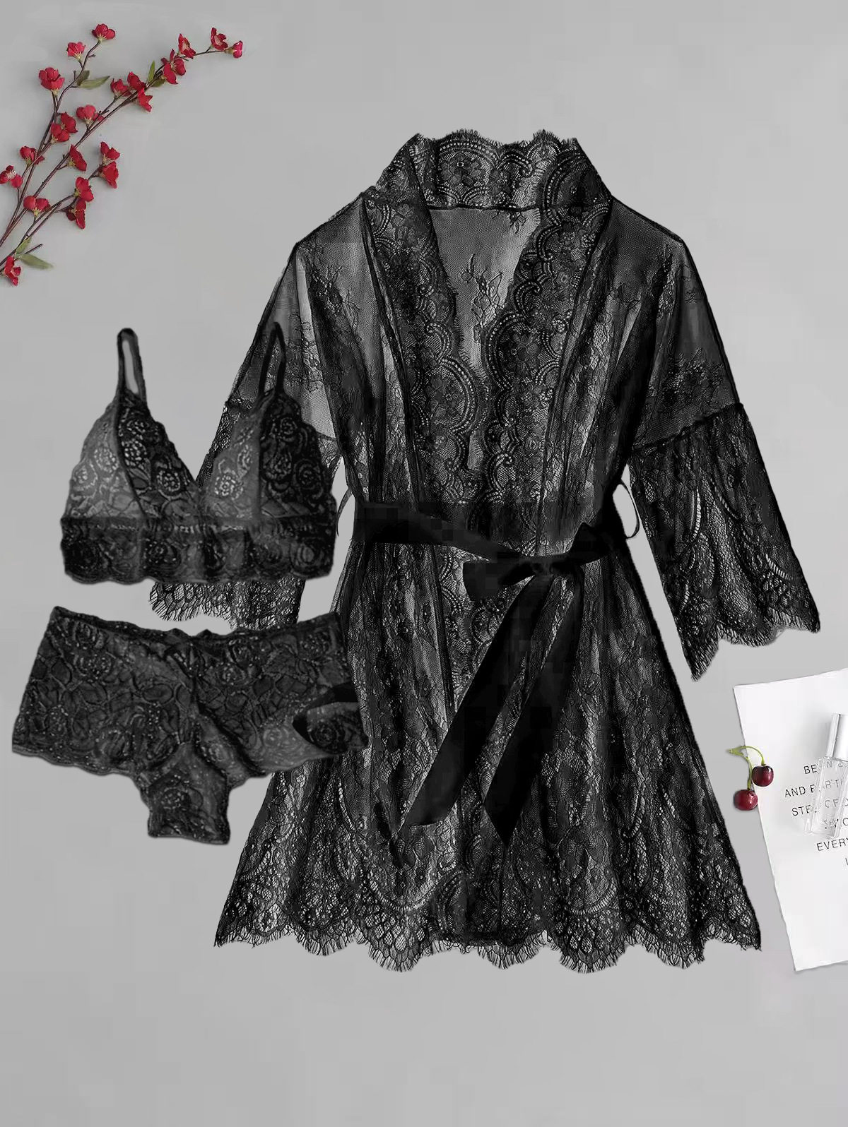 3-Piece Sheer Floral Lace Sleepwear Set