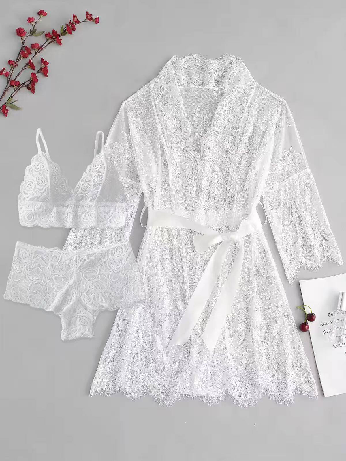 3-Piece Sheer Floral Lace Sleepwear Set