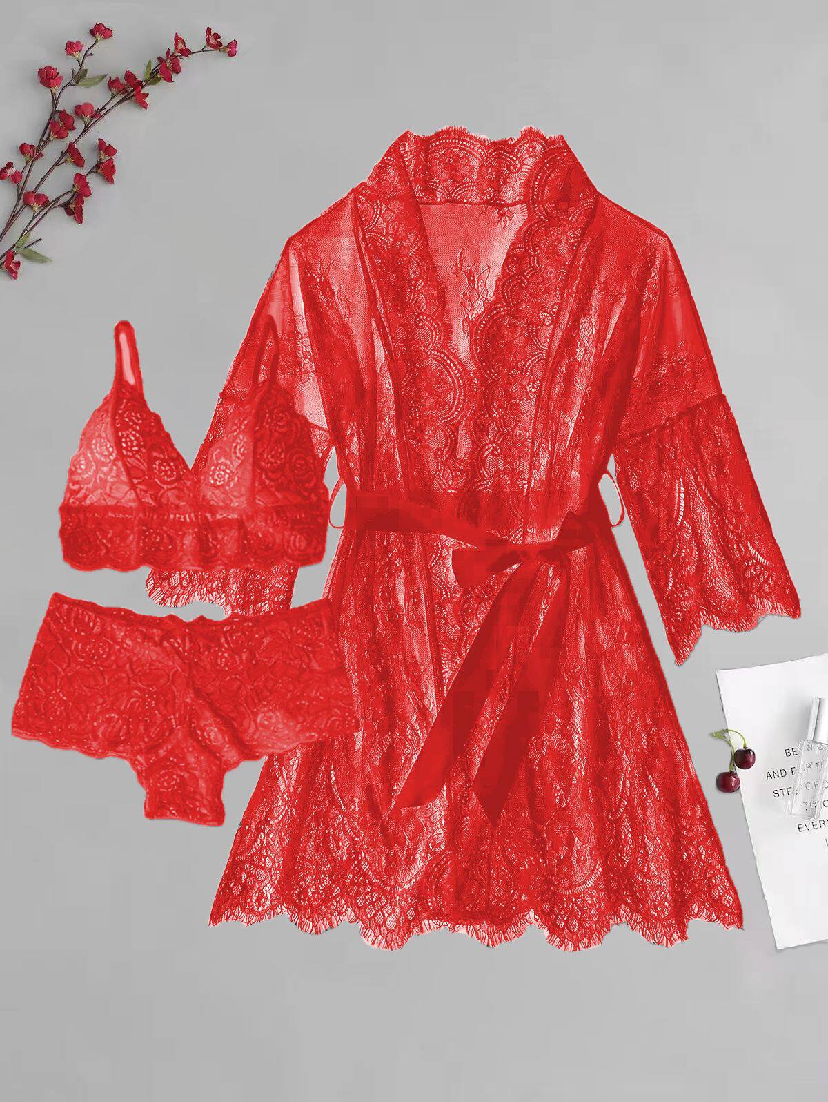 3-Piece Sheer Floral Lace Sleepwear Set