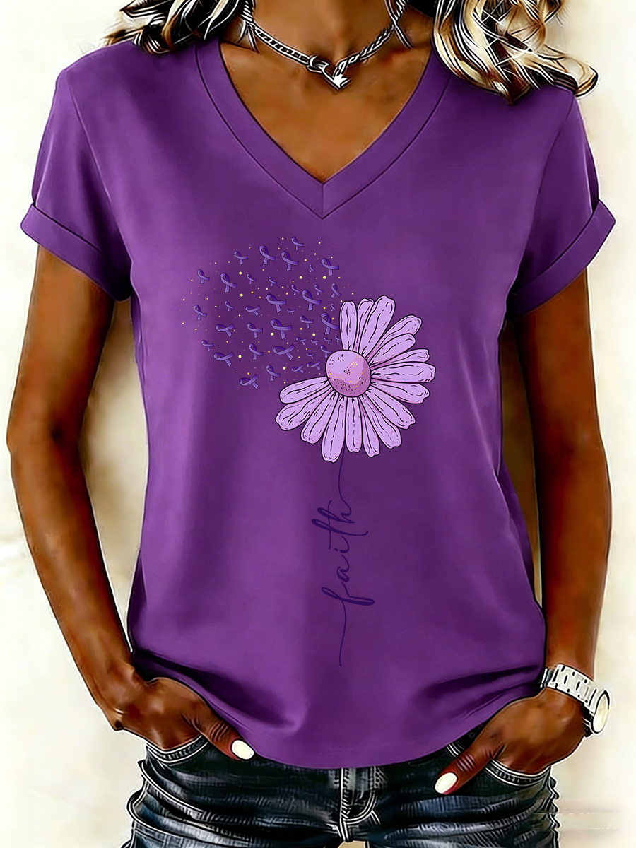 Women Faith Purple Ribbon Daisy Graphic T-Shirt