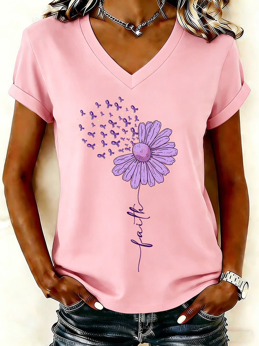 Women Faith Purple Ribbon Daisy Graphic T-Shirt