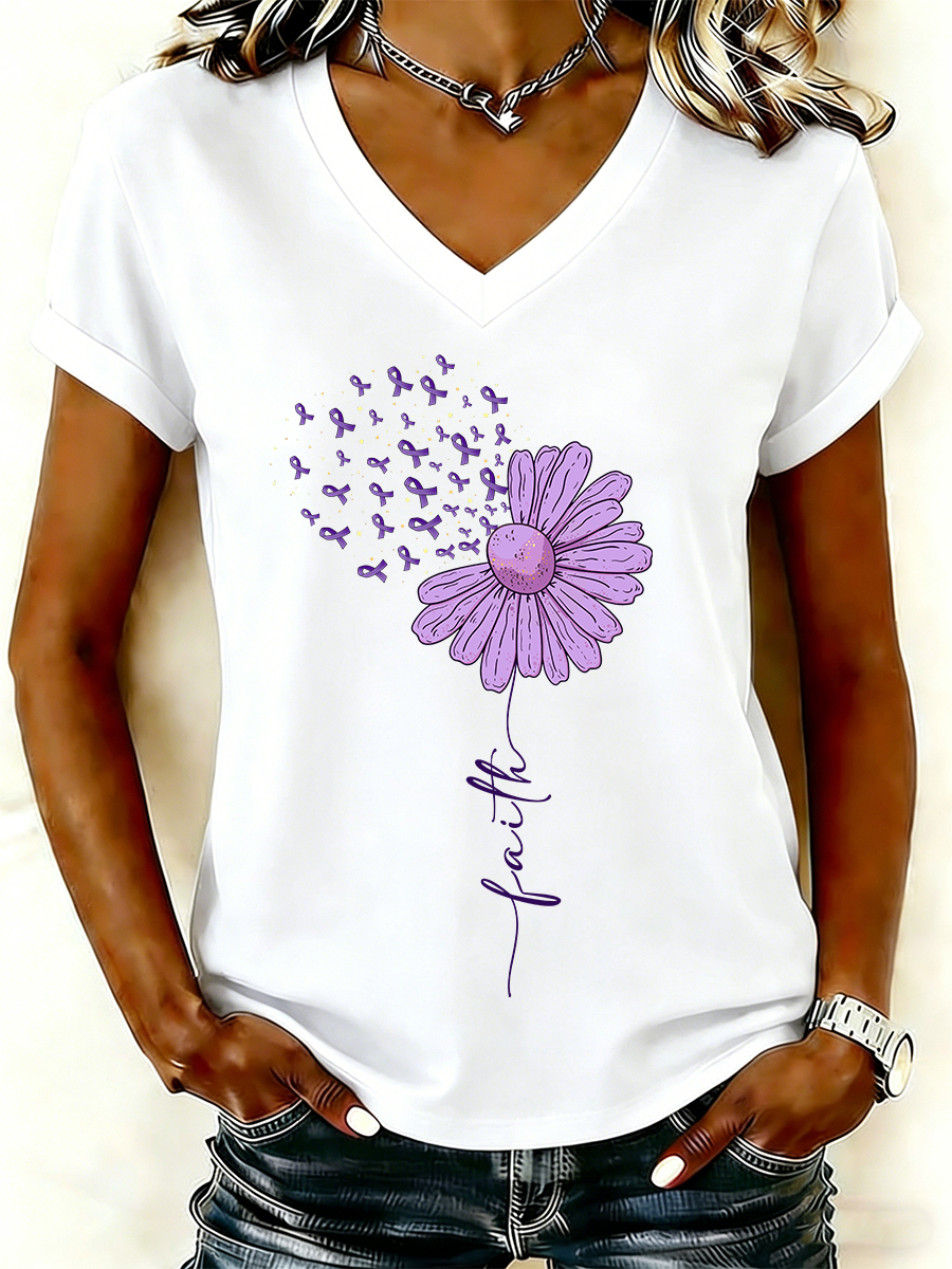Women Faith Purple Ribbon Daisy Graphic T-Shirt
