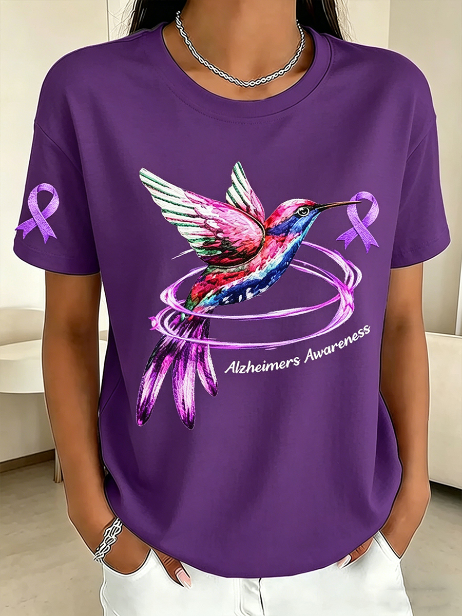 Alzheimer's Awareness Hummingbird Purple Ribbon T-Shirt