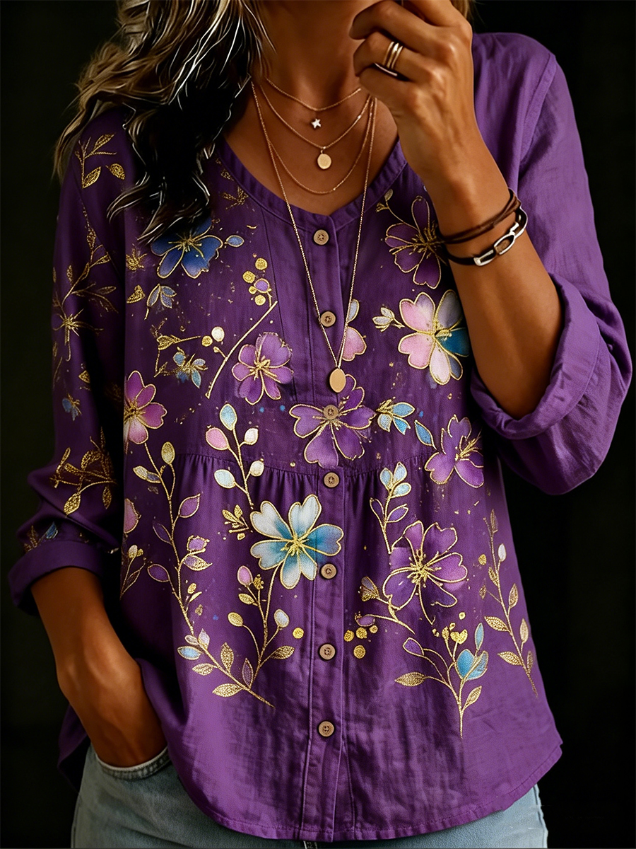 Linen-Blend Floral Print Casual Long Sleeve