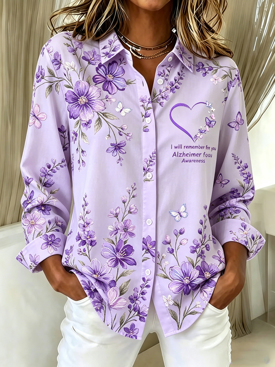 Women'S Floral And Butterfly Print Alzheimer'S Disease Awareness Shirt