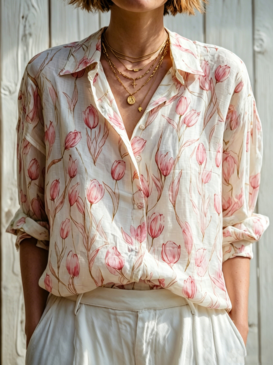 Women's Pink Tulip Print Long-Sleeved Shirt