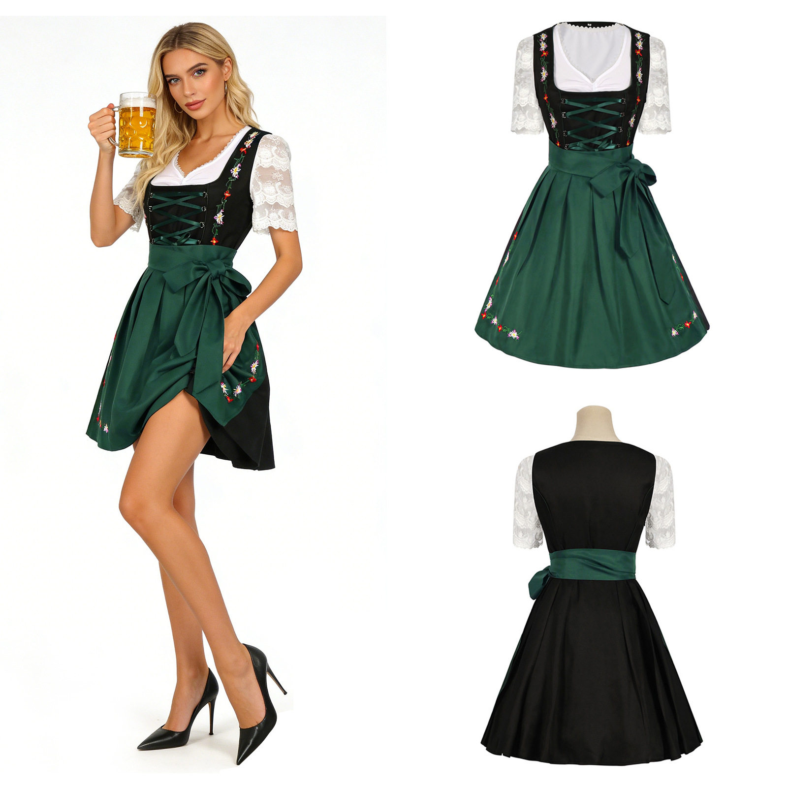 Bavarian Princess Forest Green Lace Sleeve Dirndl