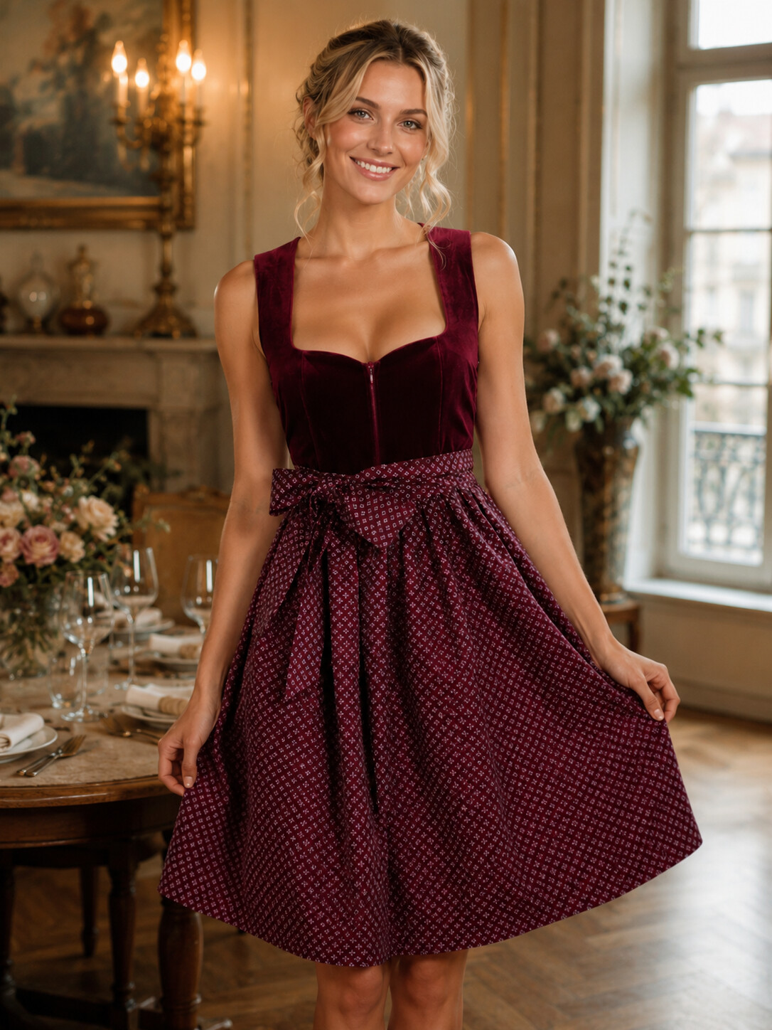 Bavarian Princess Velvet Wine & Ruby Lace Dirndl