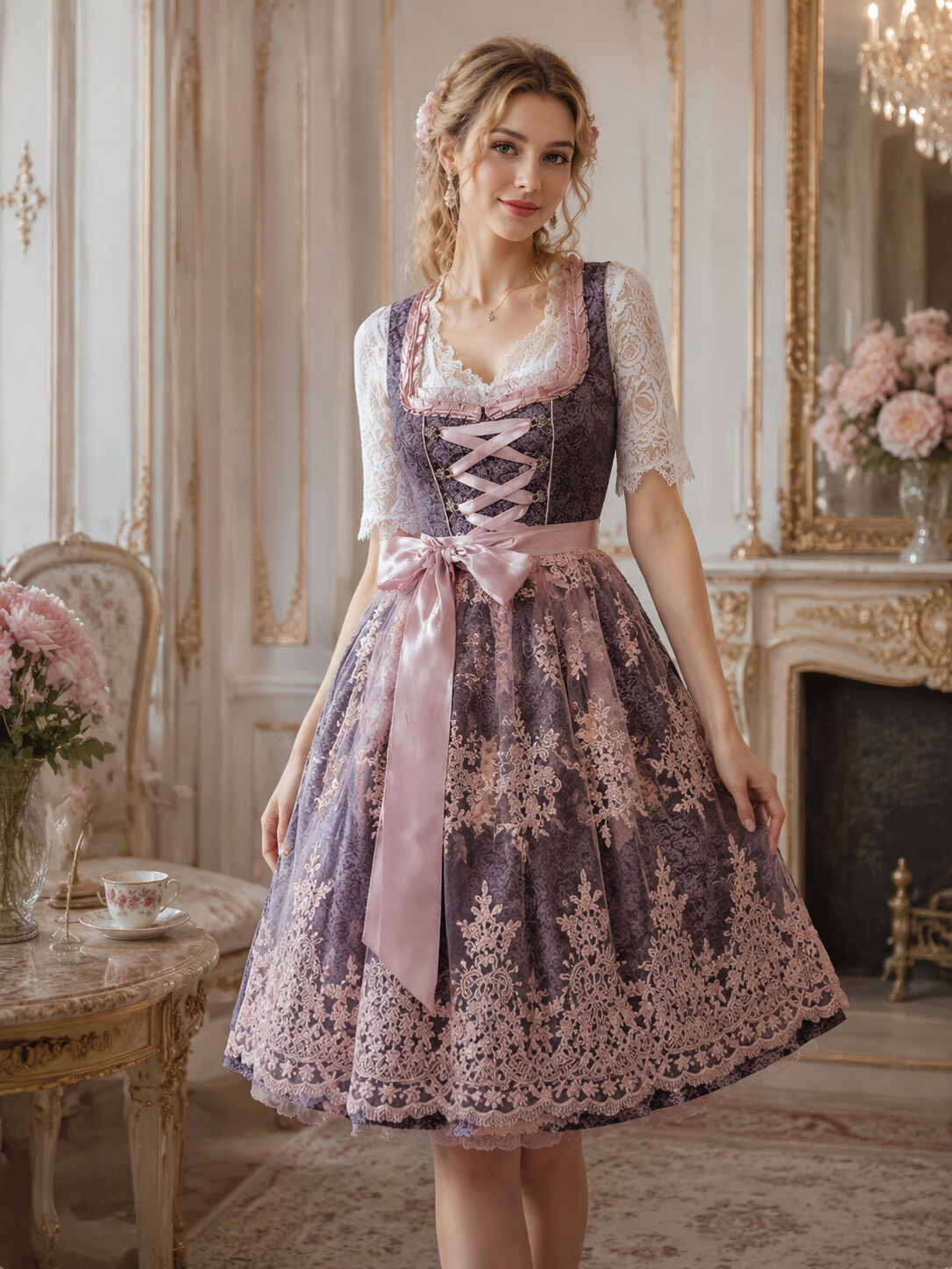 Bavarian Princess Vintage Berry & Pink Lace Dirndl