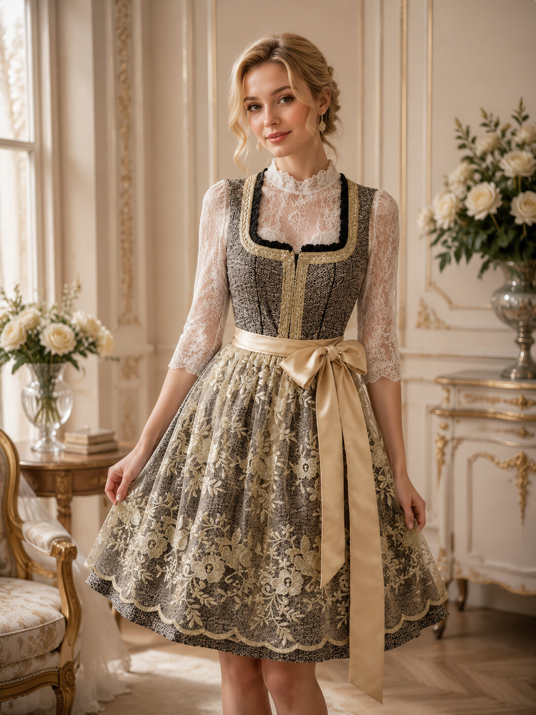 Bavarian Princess Royal Gold & Onyx Lace Dirndl