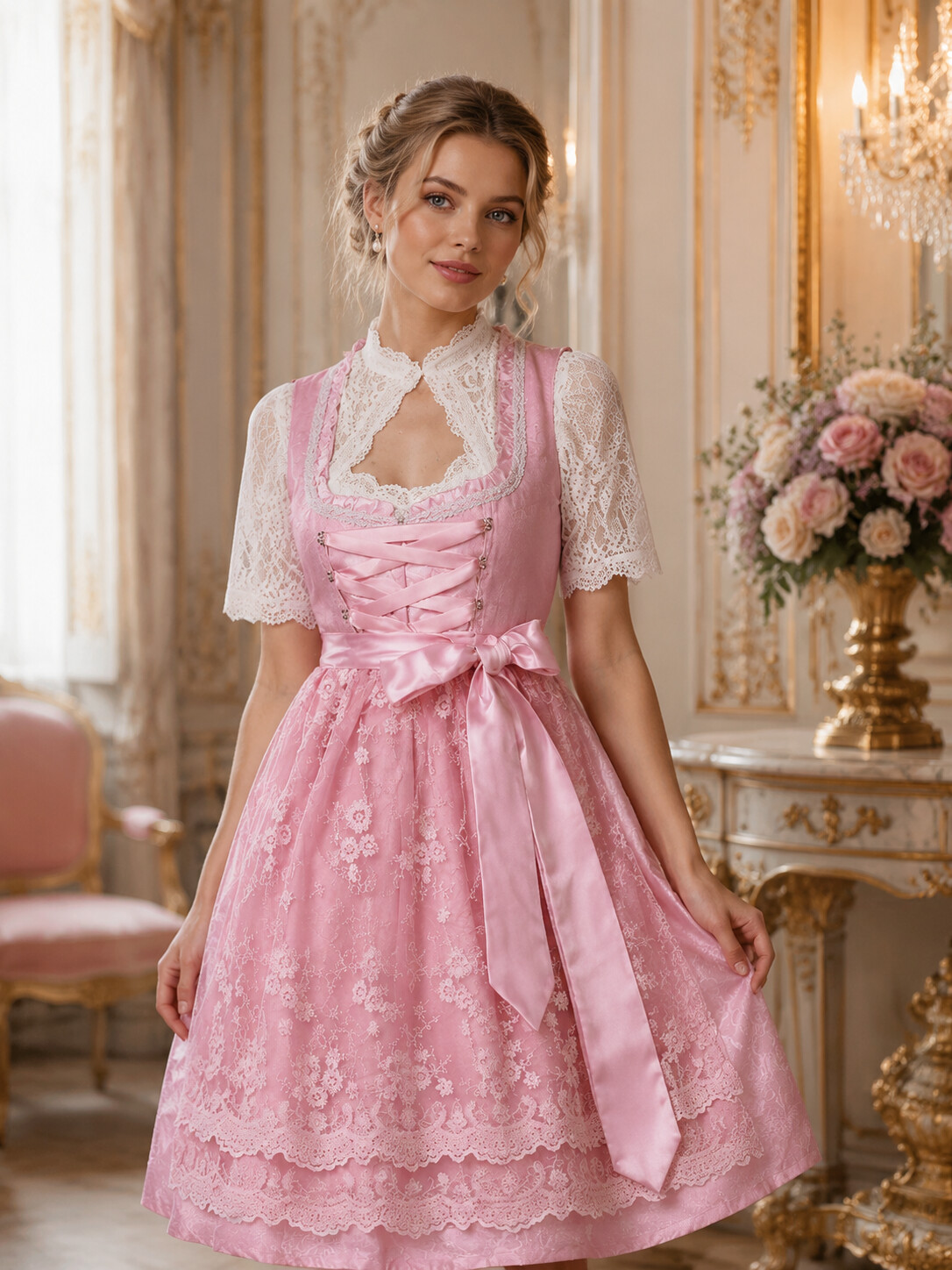 Rosalie Elegant Pink Princess Dirndl with Satin Bow