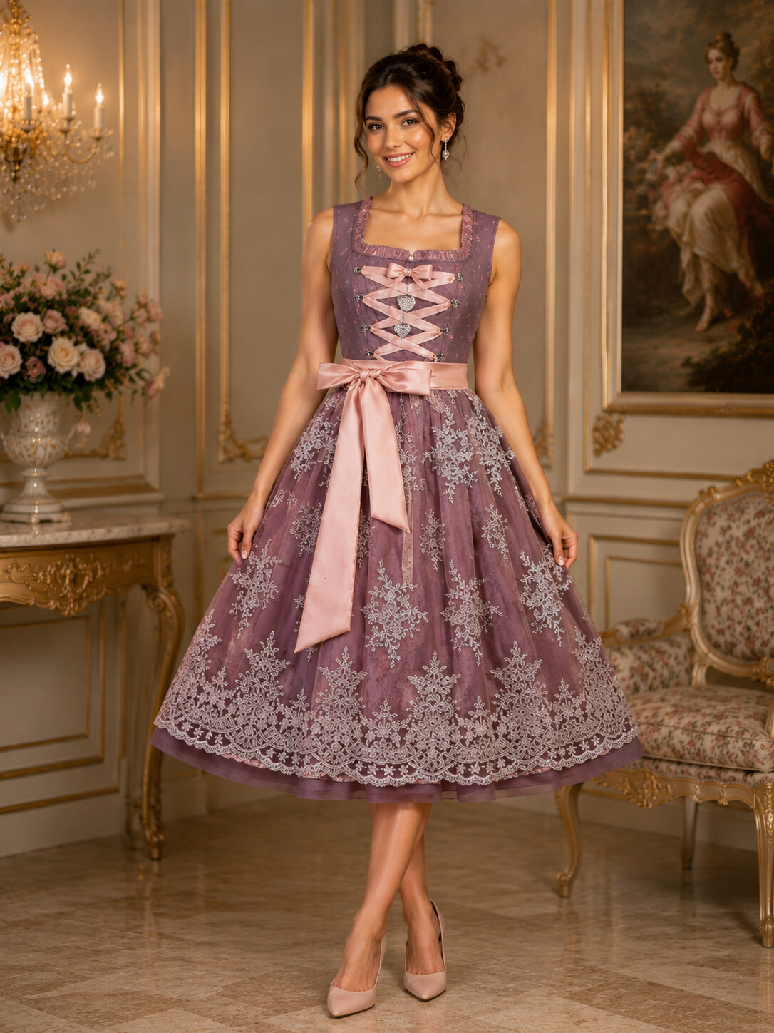 Bavarian Princess Mauve Blossom Lace Dirndl