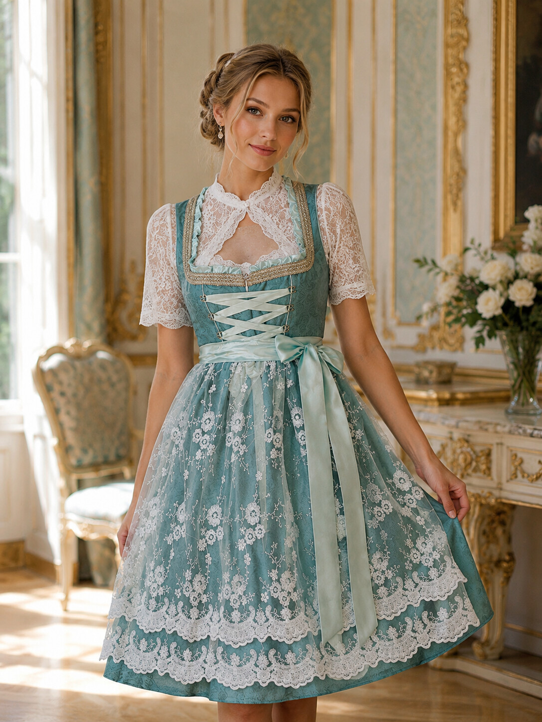 Rosalie Sage Green Bavarian Dirndl – Floral Lace Princess Oktoberfest Dress