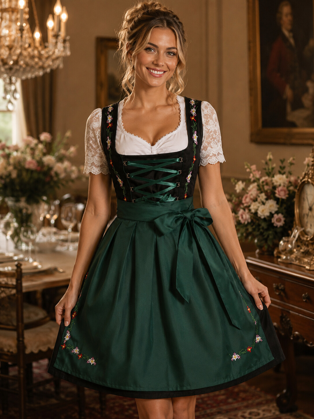 Bavarian Princess Forest Green Lace Sleeve Dirndl