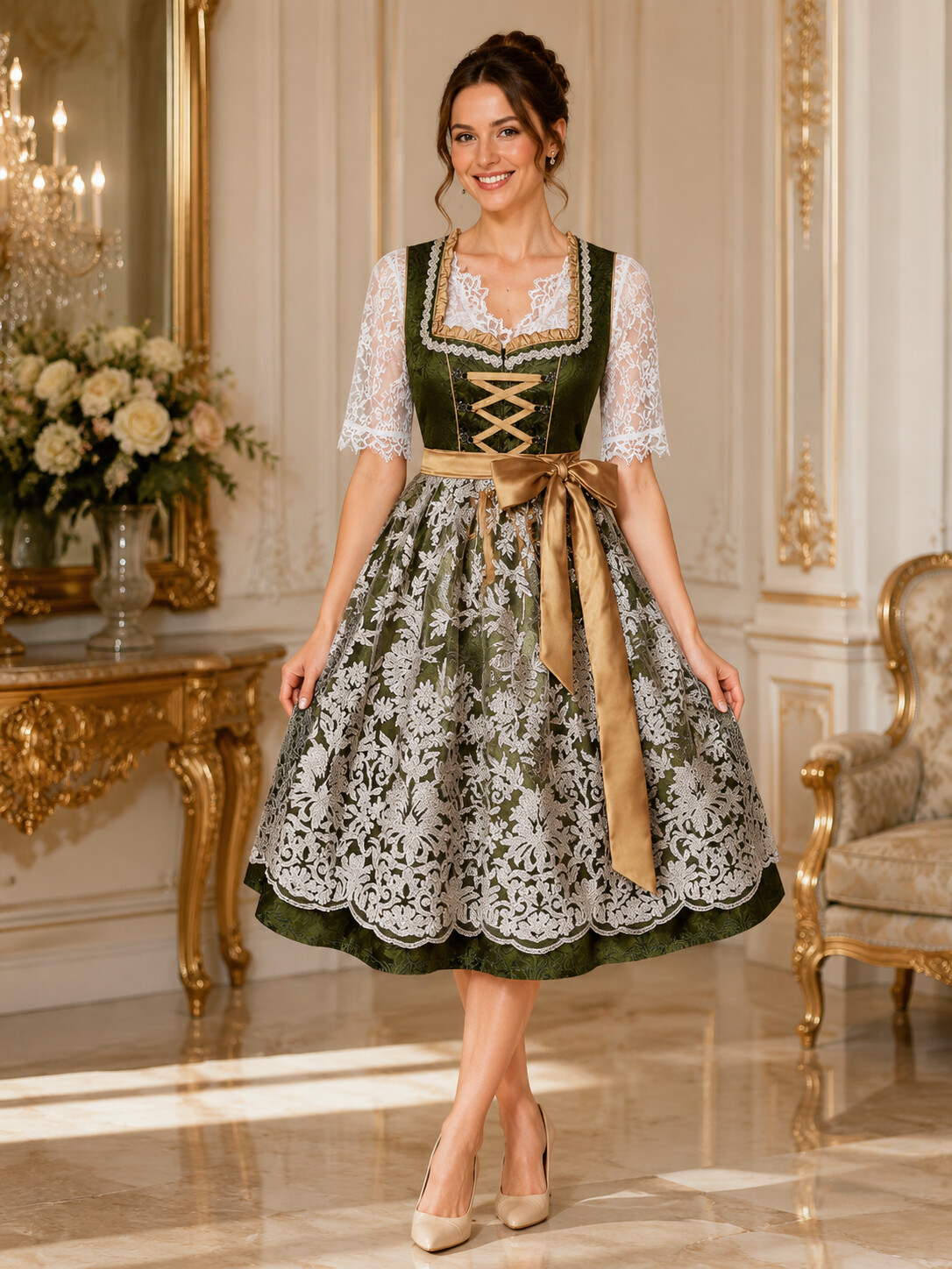 Bavarian Princess Emerald & Gold Lace Dirndl