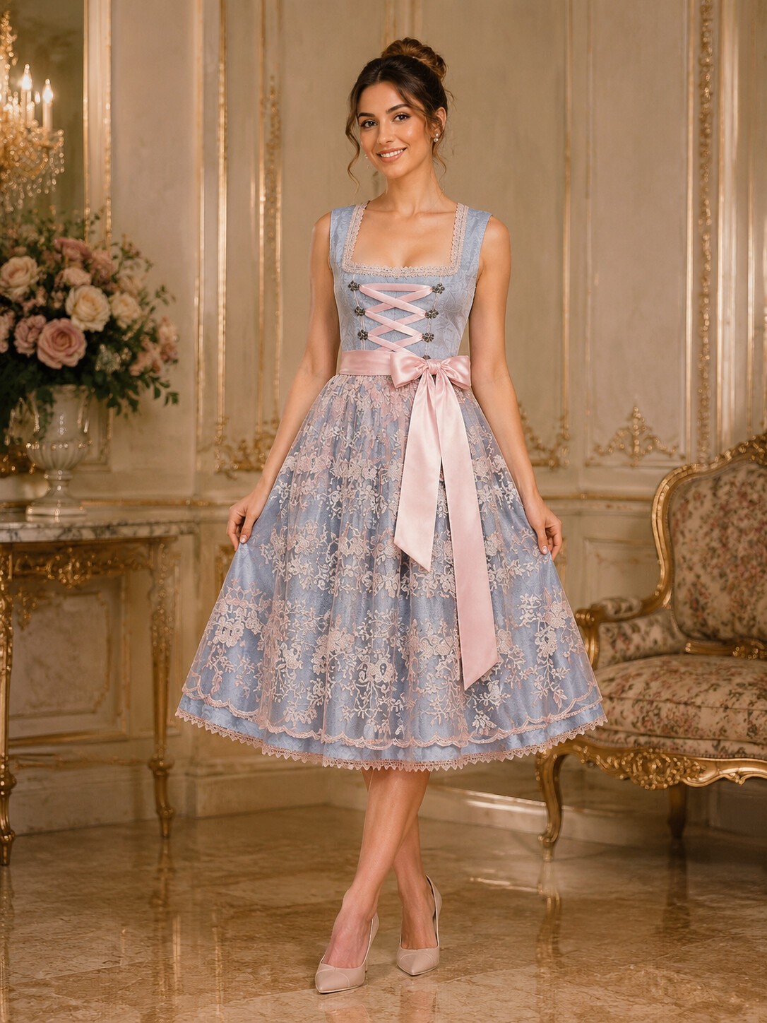 Bavarian Princess Cinderella Blue & Pink Lace Dirndl