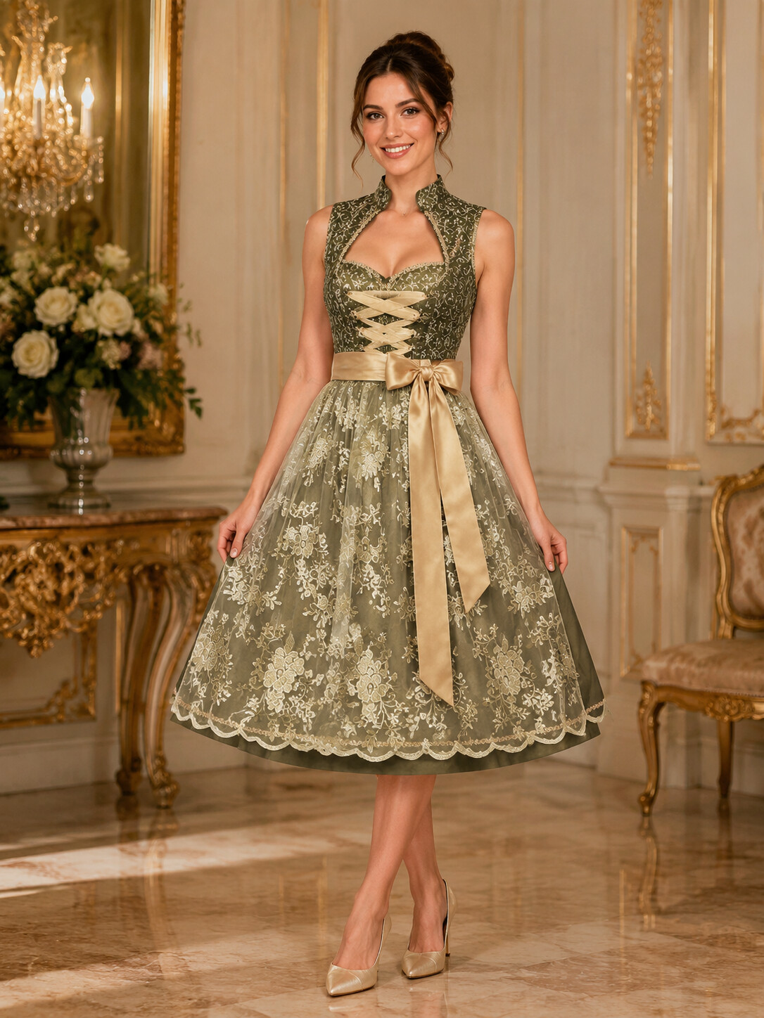 Bavarian Princess Olive & Champagne Lace Dirndl