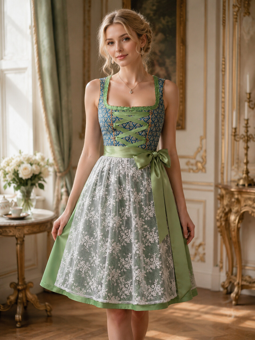Bavarian Princess Sage & Porcelain Blue Lace Dirndl
