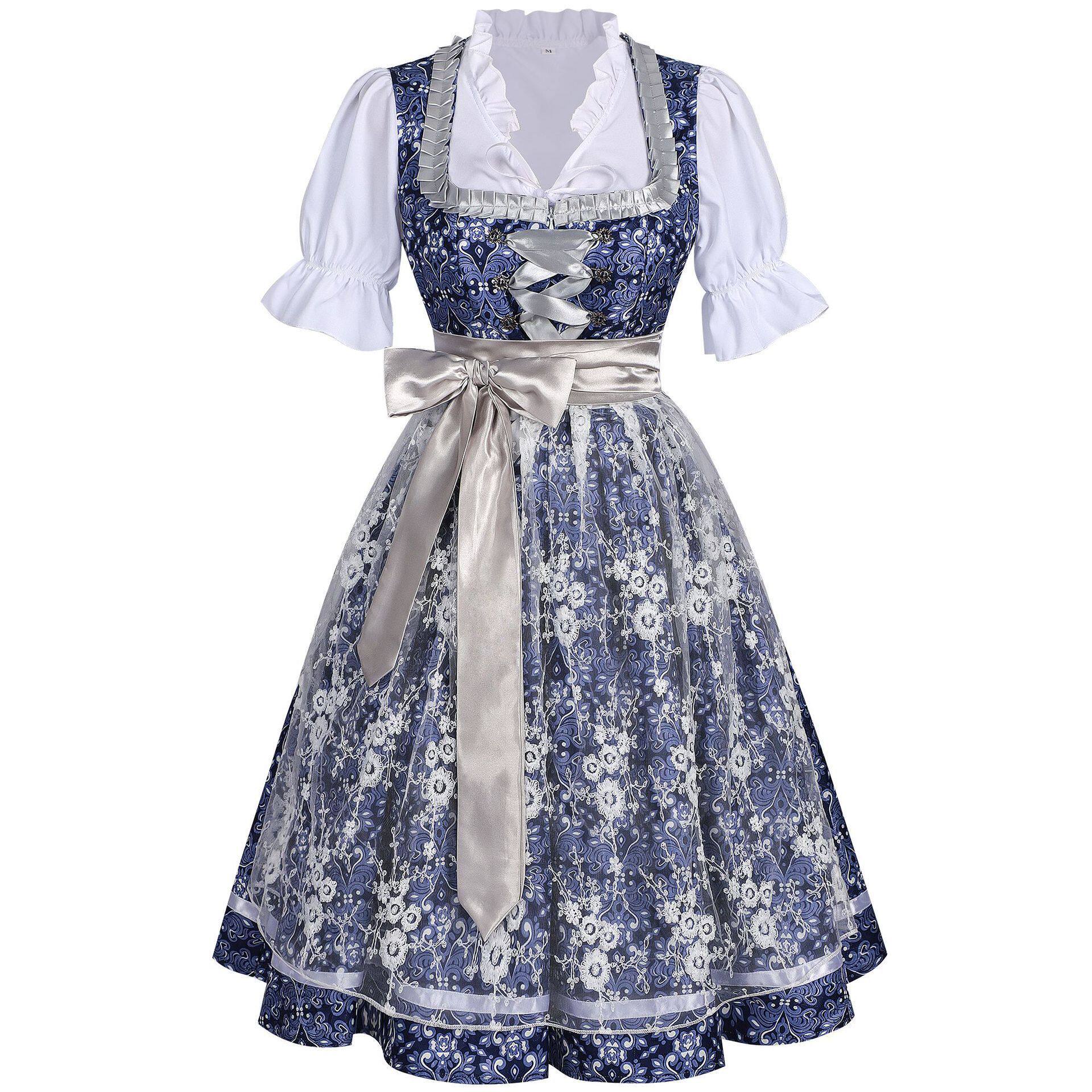 Rosalie Elegant Bavarian Princess Dirndl with Silver Satin Apron