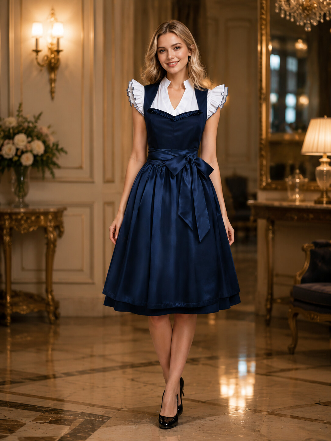 Bavarian Princess Classic Navy Blue Satin Dirndl