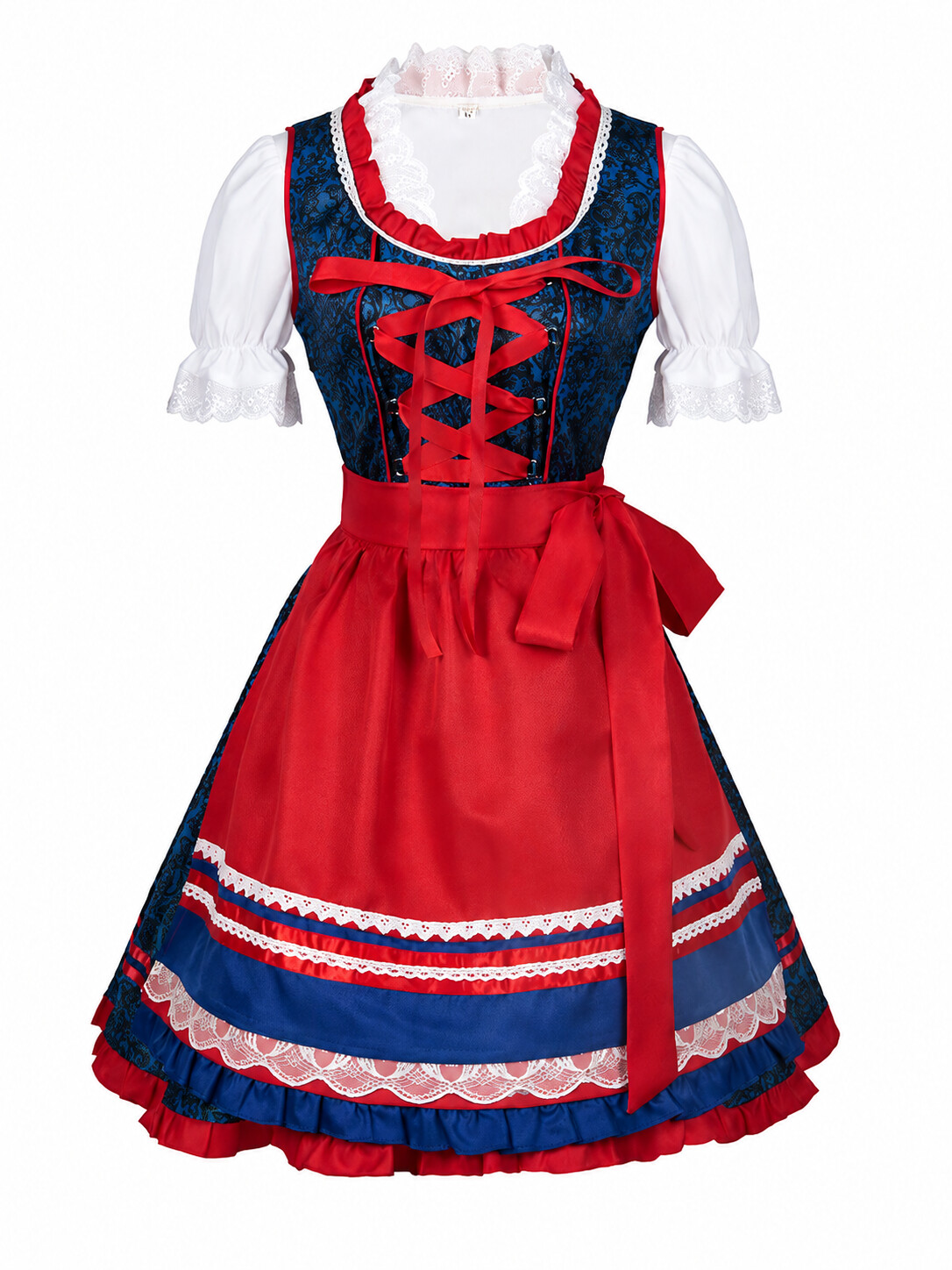 Rosalie Elegant Royal Blue Bavarian Dirndl with Satin Red Apron