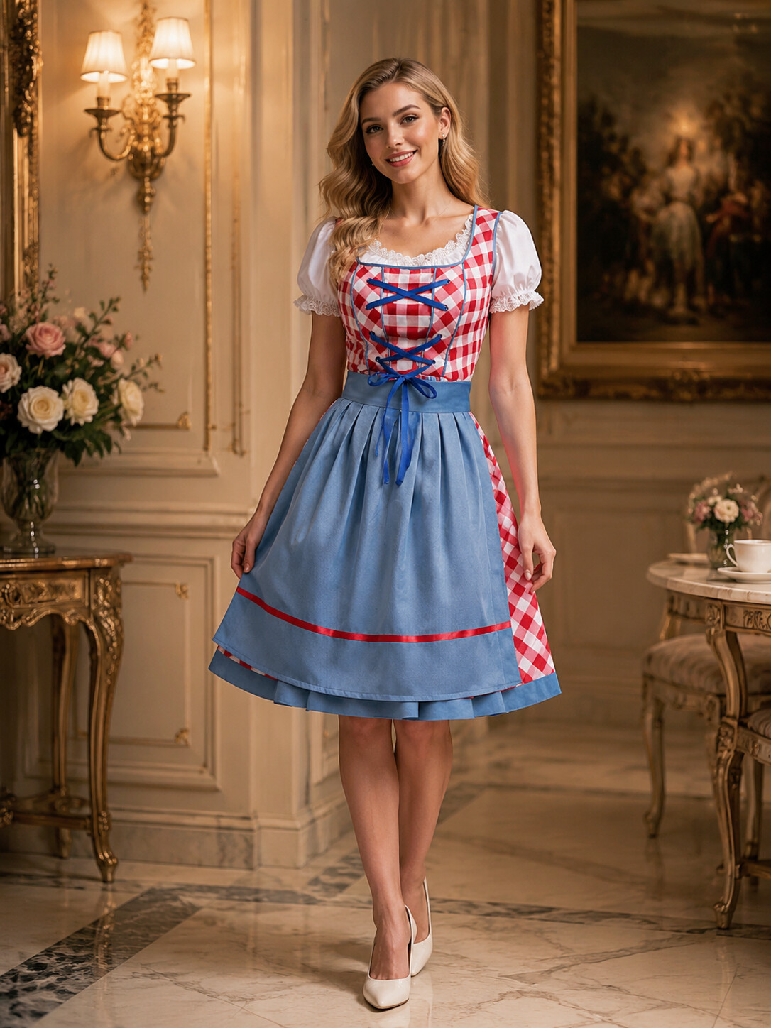 Rosalie Elegant Bavarian Princess Dirndl with Alpine Blue Apron