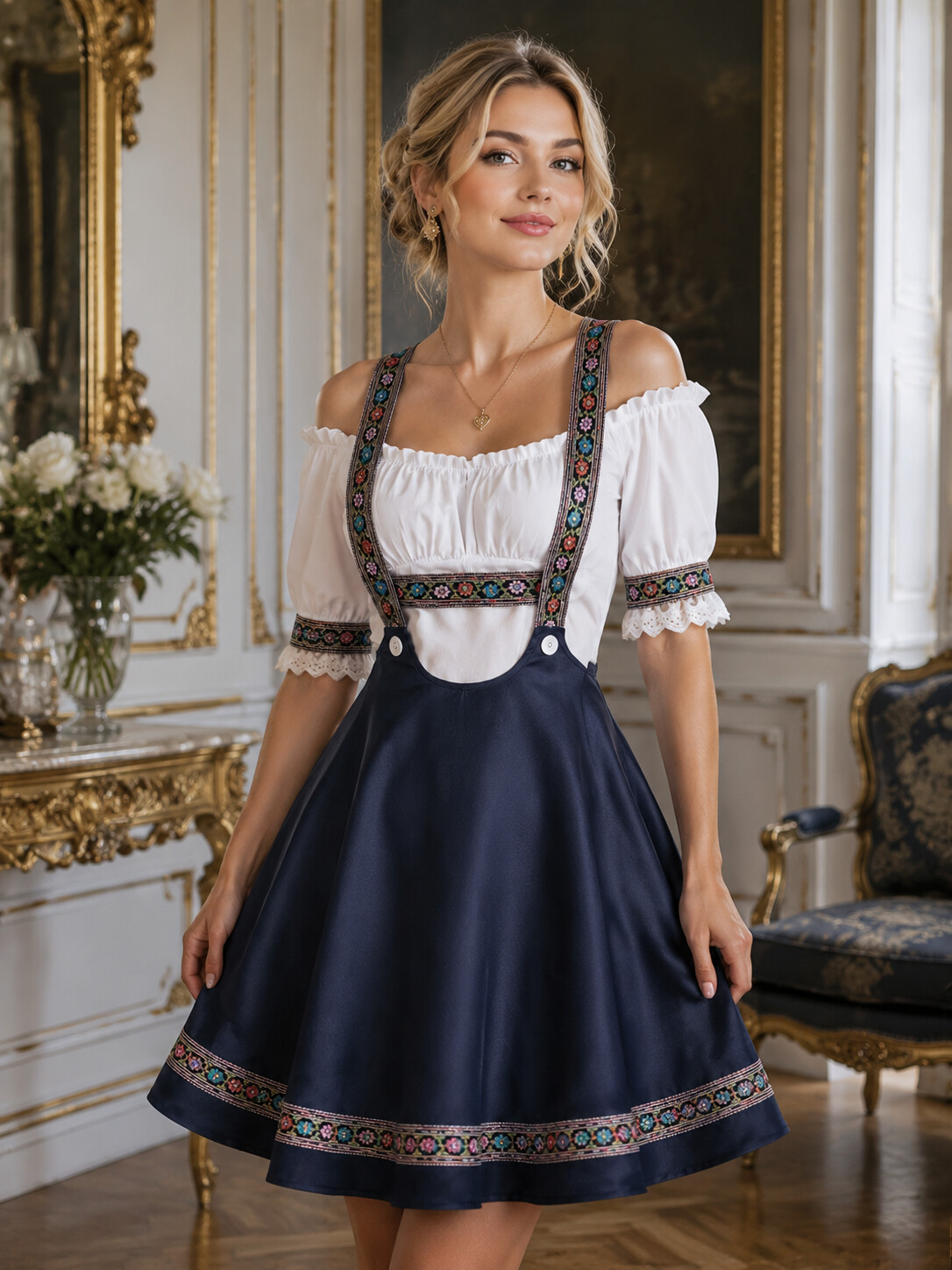 Vintage Navy Blue Bavarian Dirndl with Floral Embroidery
