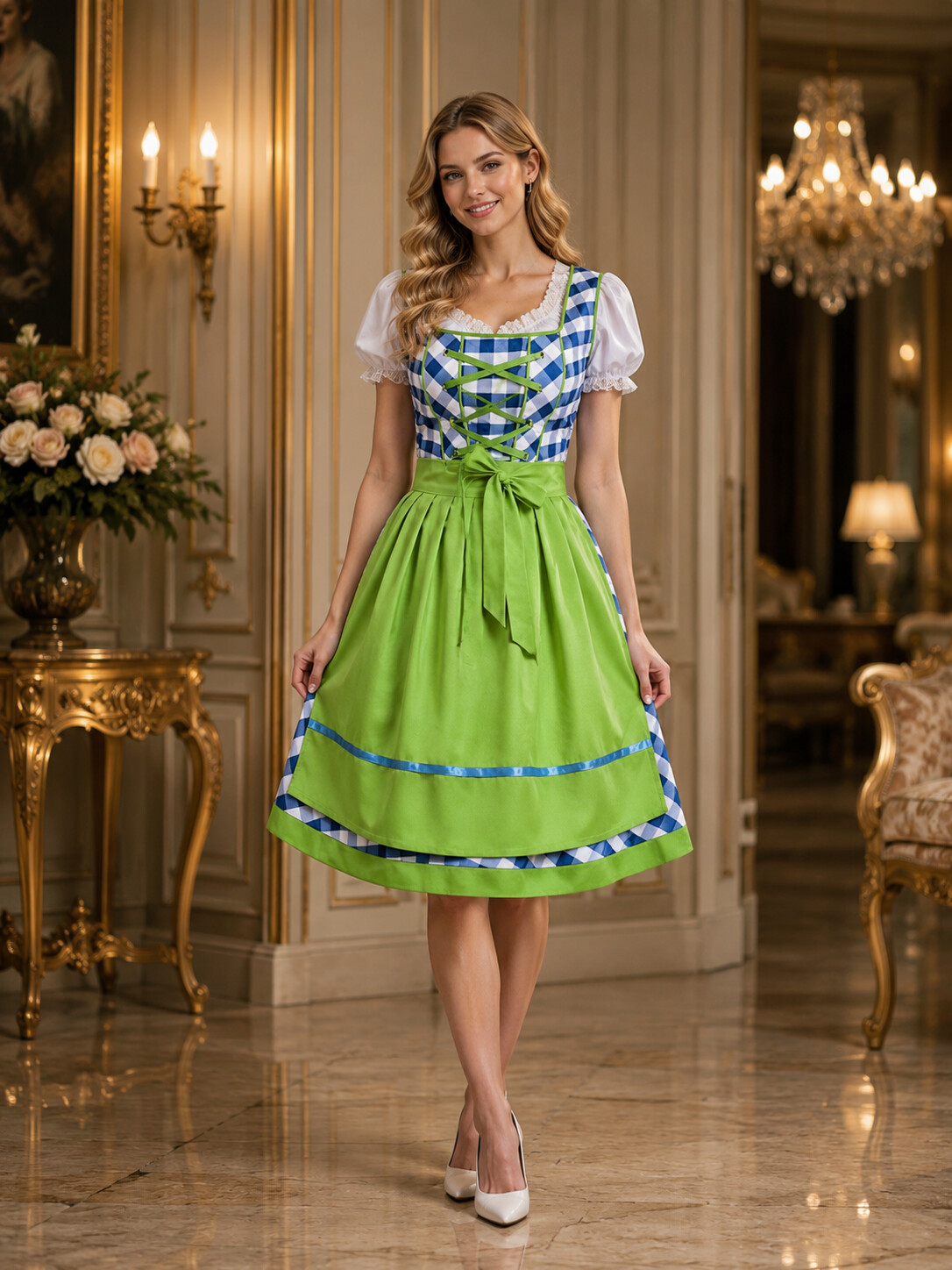 Rosalie Elegant Bavarian Princess Dirndl with Green Apron