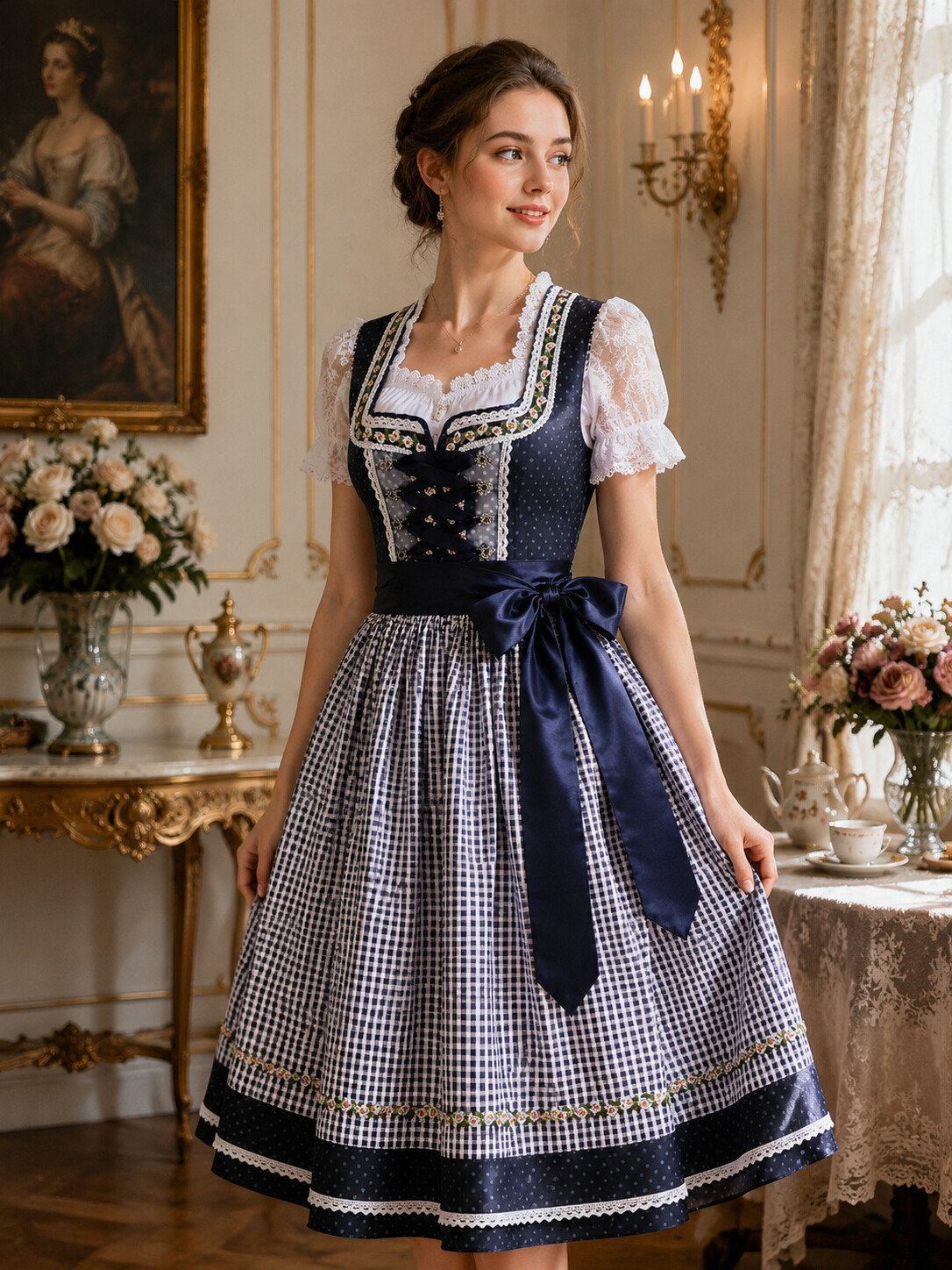 Rosalie Elegant Bavarian Princess Dirndl with Navy Satin Bow